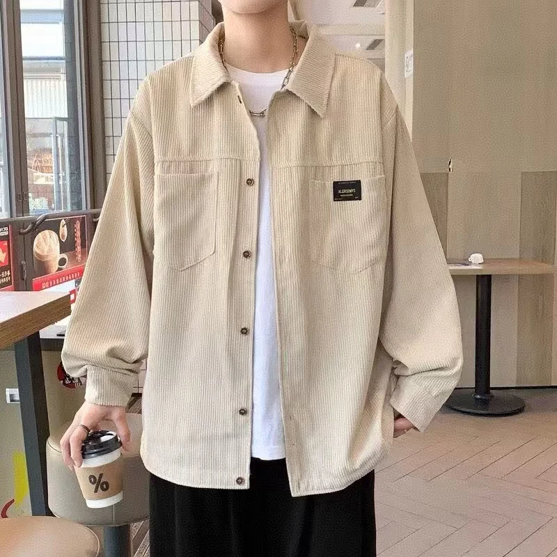 Hong Kong style retro corduroy shirt for boys in spring and autumn 2025 new set stylish and loose fit outerwear jacket
