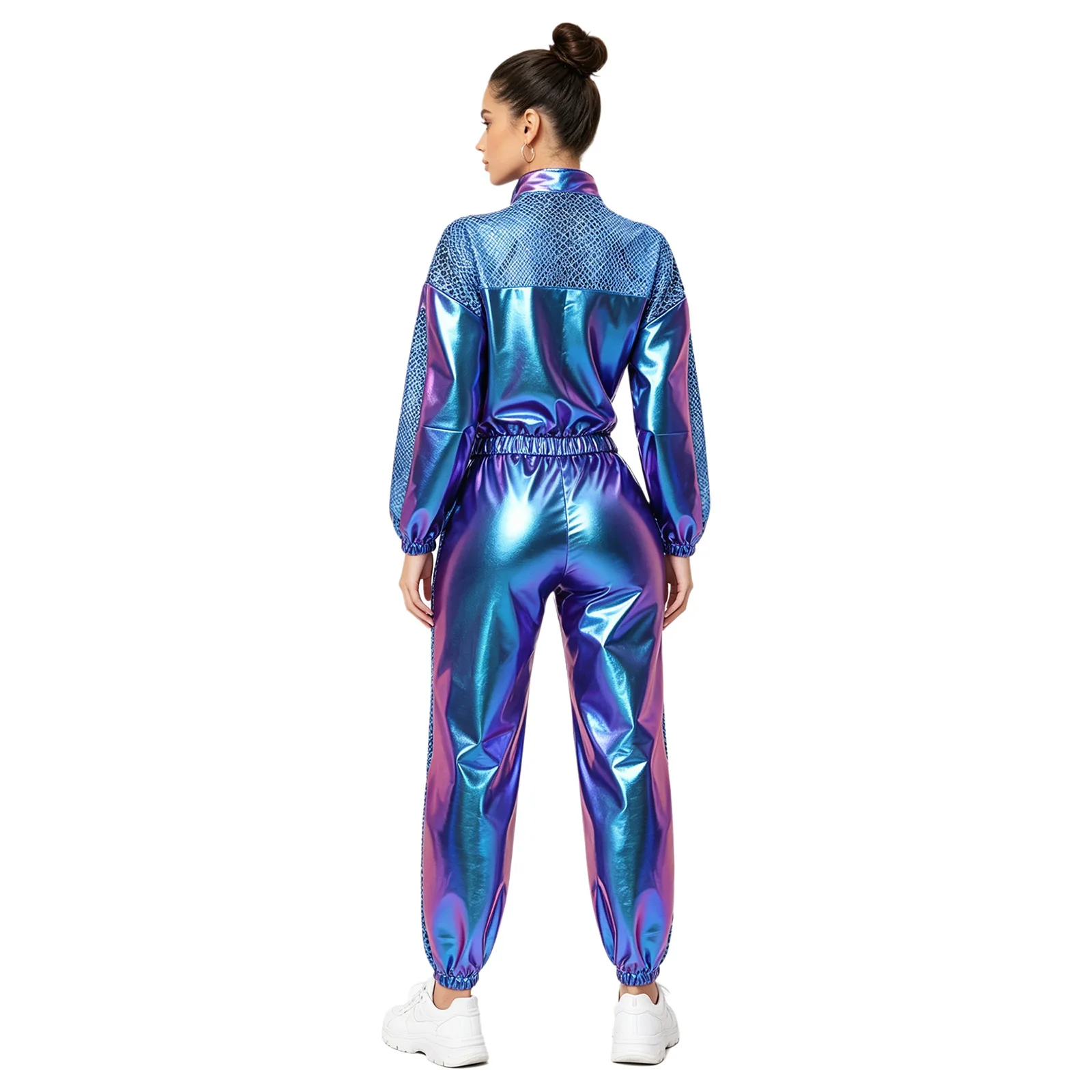 Damen Metallic Glänzendes Disco Hip-Hop Kostüm 80er Jahre Jazz-Tanz-Outfit Langarm-Jacke mit Frontreißverschluss und Jogginghose – Detail 18