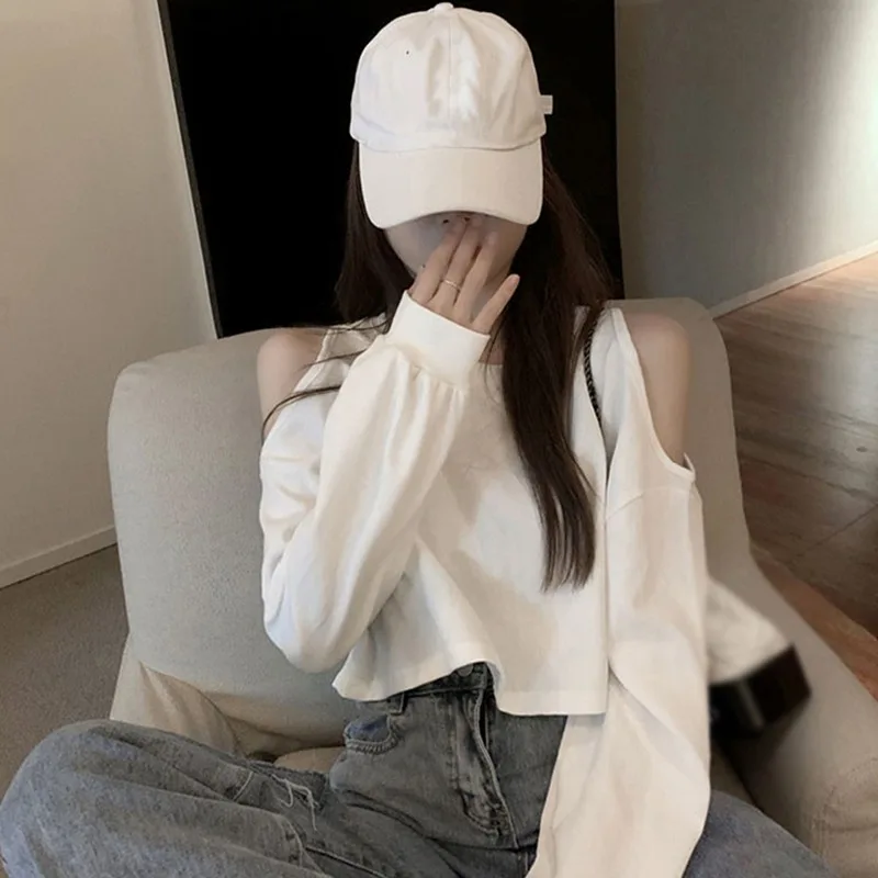 Vintage Solid  Off Shoulder T Shirts Women Gothic Sexy Loose Crop Tops Elegant Hollow Out Long Sleeve Bottoming Tees