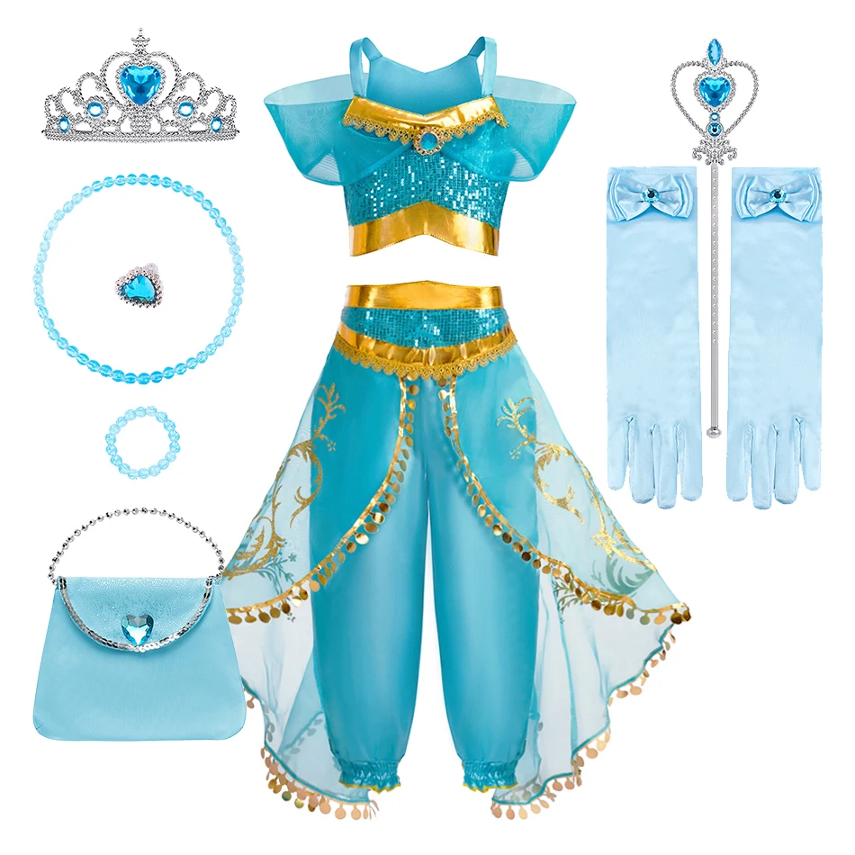 Girl Arabian Princess Costume Kids Dress Genie Up Cosplay Fancy Outfit Set with Gloves Bag for Birthday Halloween World Book Day