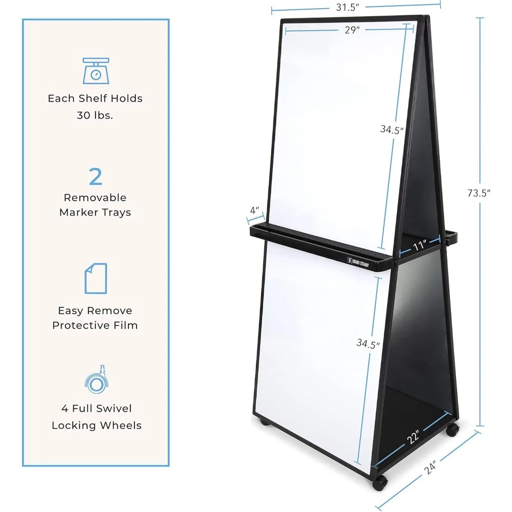 سبورة بيضاء متنقلة بطول 74 بوصة مع سطح مسح جاف مغناطيسي مزدوج الجوانب للاستخدام المكتبي والمدرسة