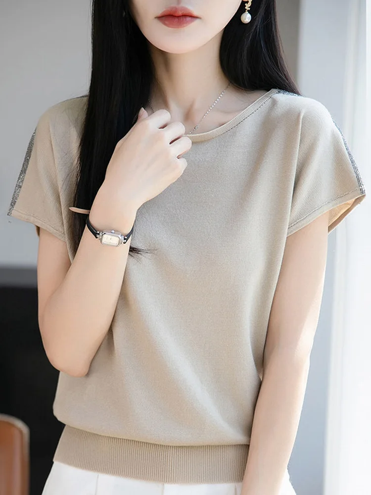 

Women's round Neck Short Sleeve Knitted Top Casual Thin Loose Fashion Versatile Loose Fit Summer Breathable Color T-Shirt