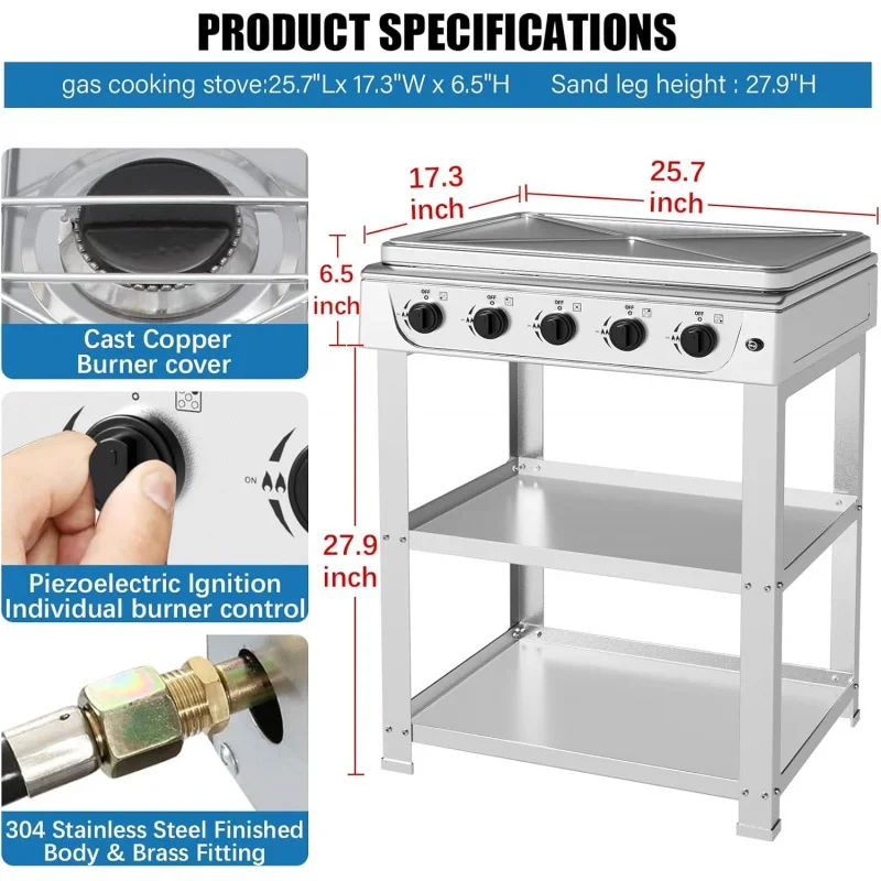 Gas Stove,5 Burner ,Ignition Camping with Support Leg Stand and Wind Blocking Cover Adapter, Portable RV, Apartment, O