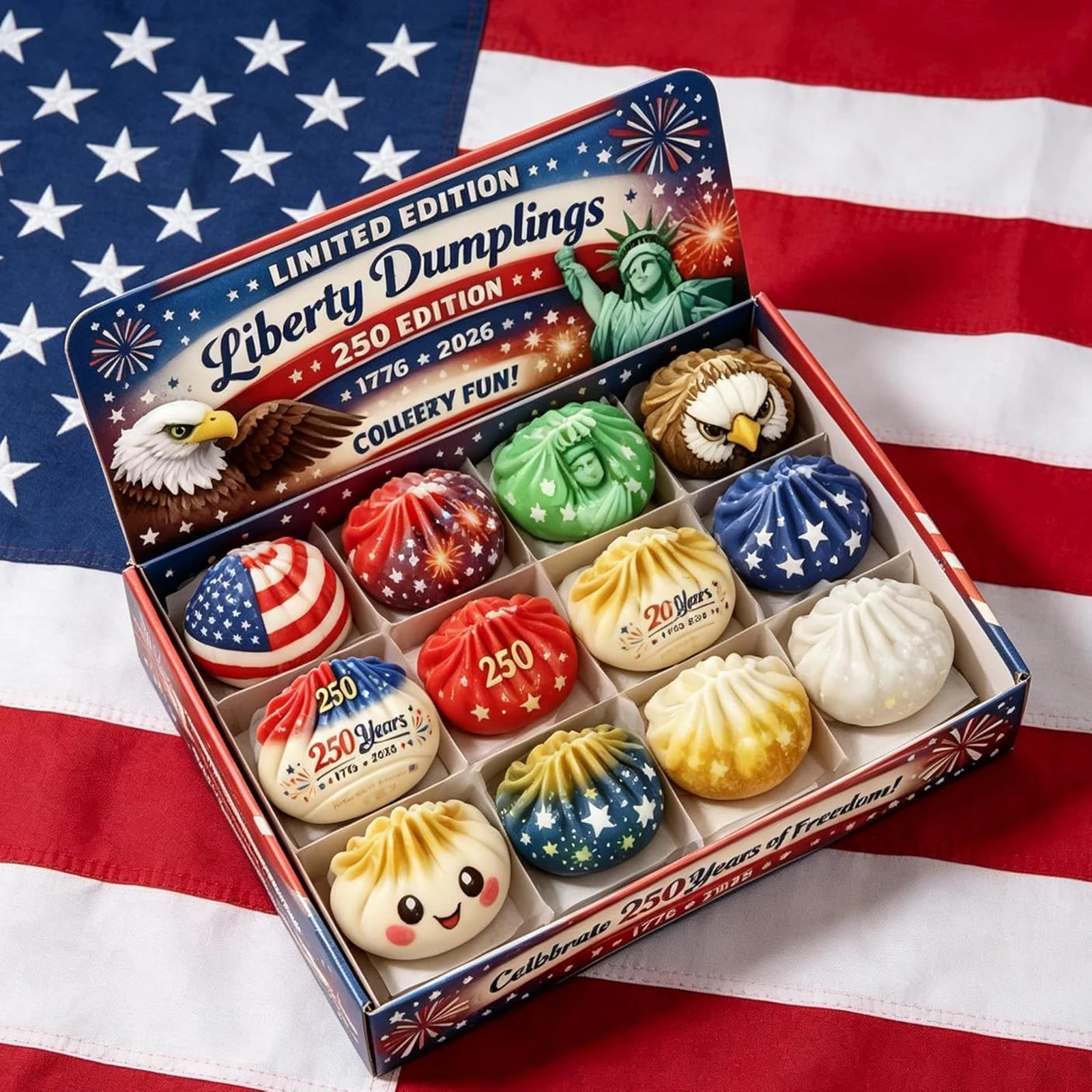 12pcs/Set USA Anniversary Liberty Dumplings USA 250th Anniversary Giant Glitter Dumplings Box 1776-2026 Gift for Kids Adults