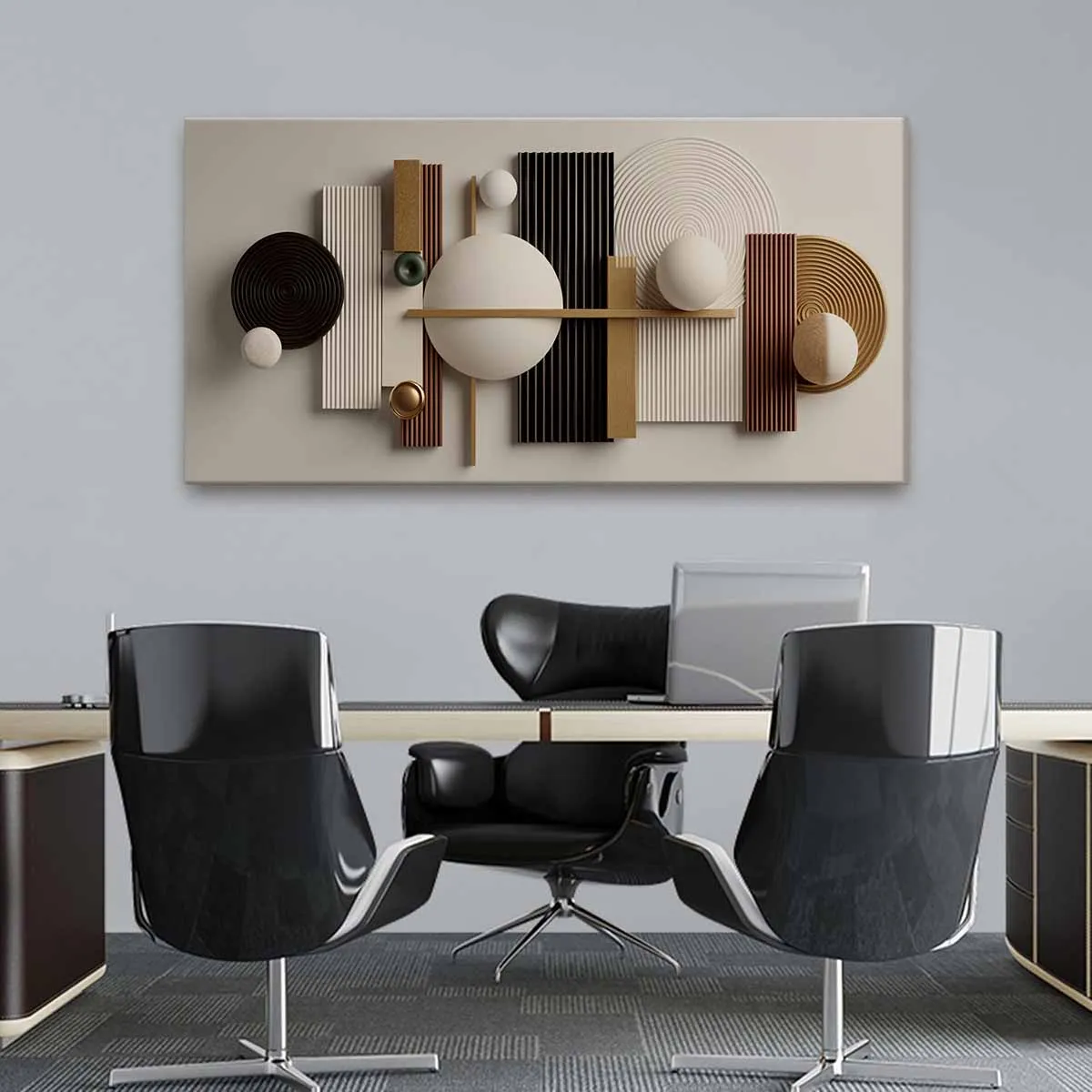 Modern Abstract Geometric Wall Art,Beige Brown 3D-Look Spheres Striped Relief Gallery Wrapped Canvas Print With Frame, Can Be Hung Directly, Suitable For Living Room Bedroom Office Home Decoration, Cuadros Para Sala
