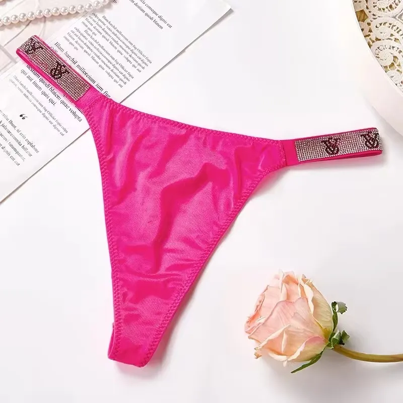 Sexy Pink Panties Lingerie Cotton Female Seamless Thong Underwear Low Rise Women Bikini Bra Rhinestone Letter Comfort Briefs