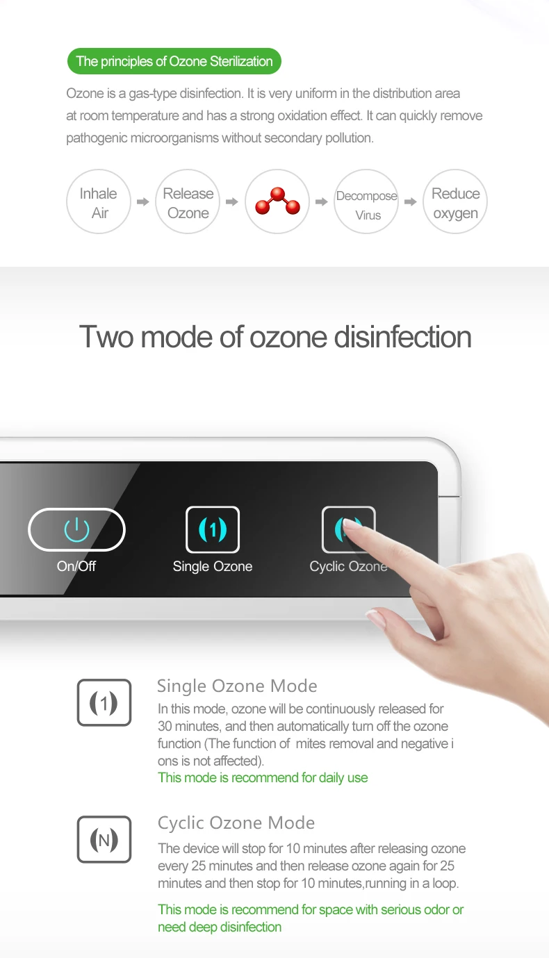 Air Purifier for Pet Odor Negative Ion Air Freshener Ultrasonic Dust Mite Killer Dual Ozone Modes Portable Hotel Air Disinfector