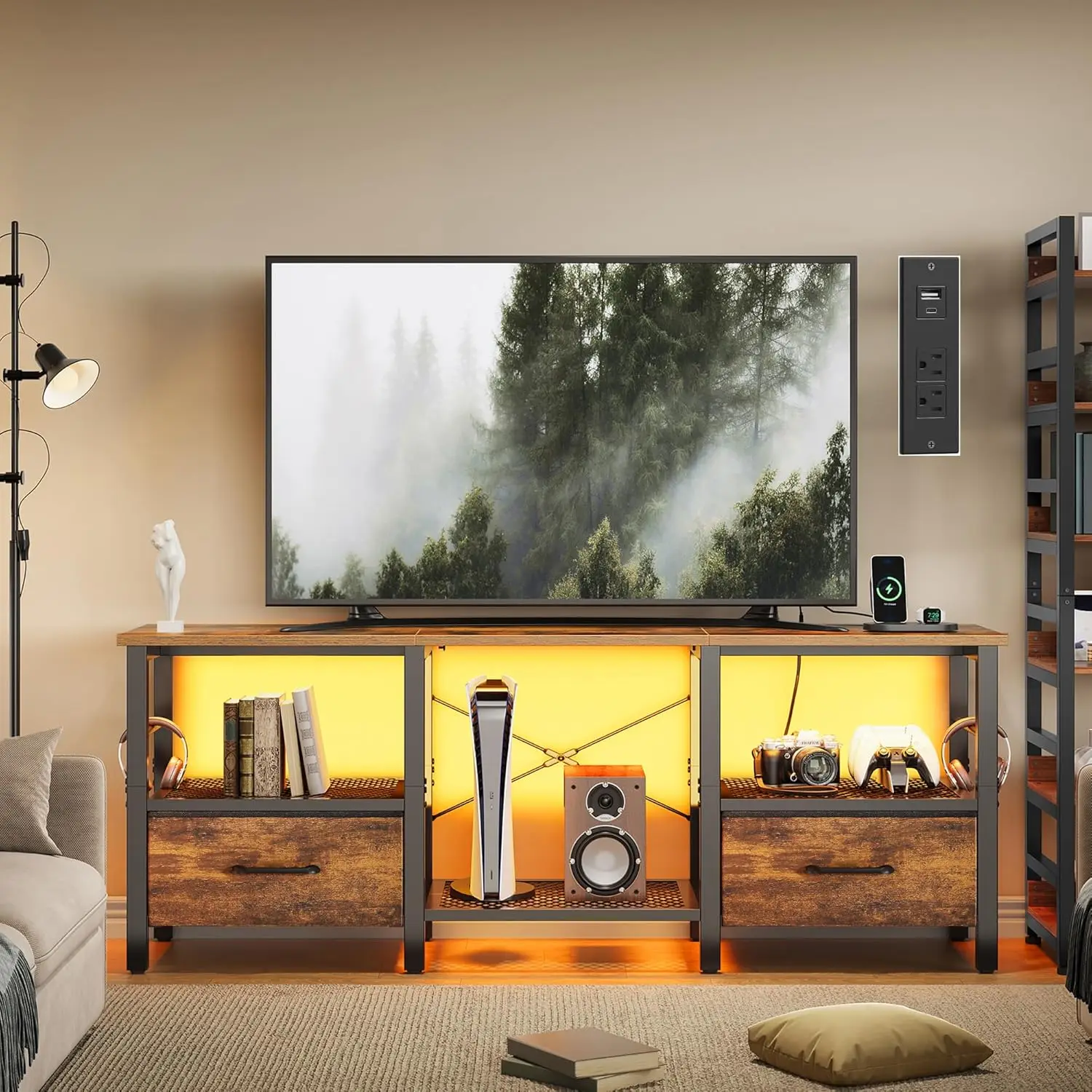 

Тумба под телевизор для 55-дюймового телевизора, LED-медиацентр с тканевыми ящиками и розетками, современный индустриальный медиа-центр для ТВ