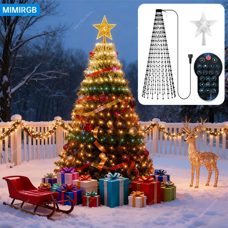 Decorações de natal 2.1m 400leds inteligente luzes da árvore de natal corda com estrela superior controle app diy imagem led rgb luzes de fadas