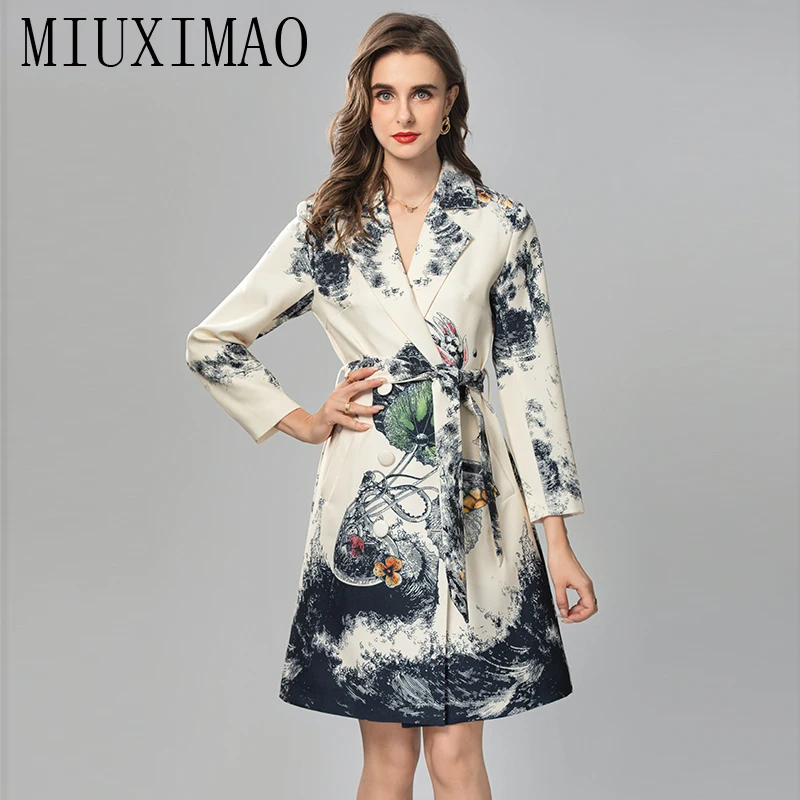 

MIUXIMAO 2024 Autumn&Winter Elegant Female Jacket Fashion Coat Leaf Flower Print Fashion Slim Jackets for Women With Belt