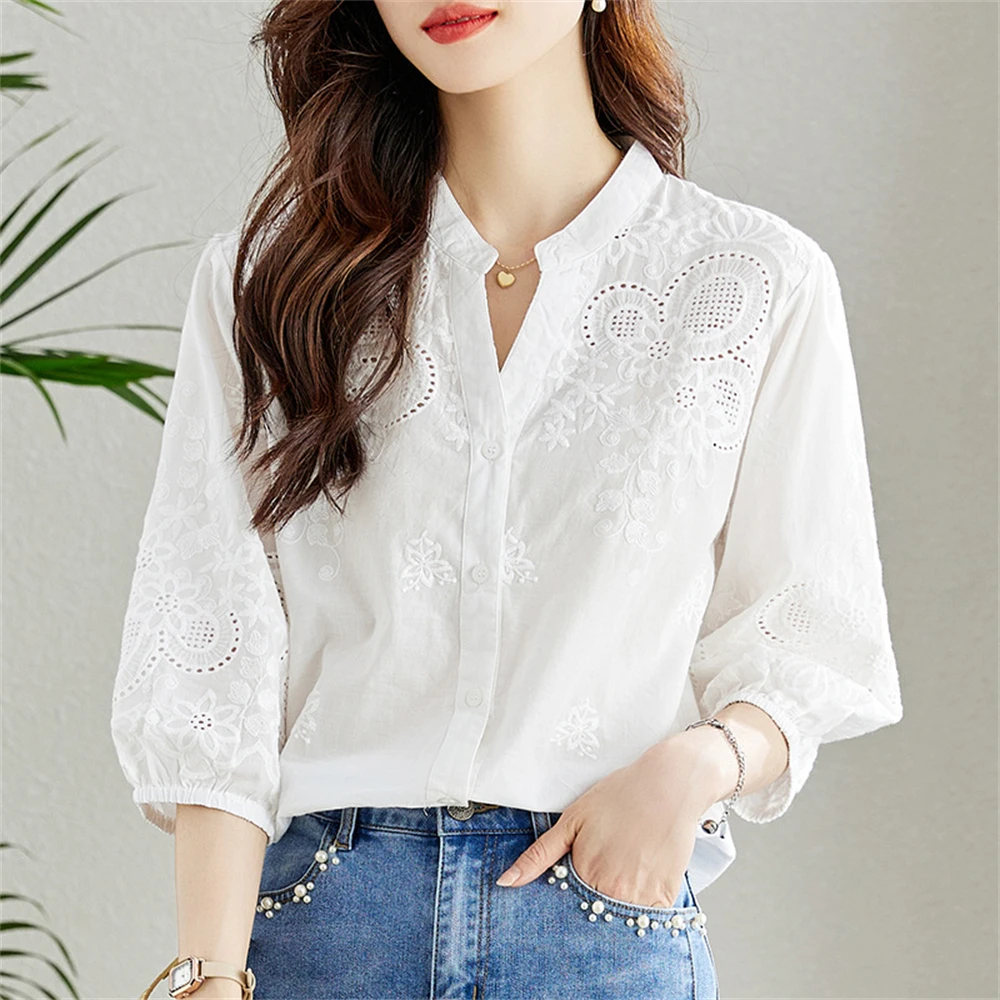 

White Embroidered Hollow Out Shirt Women Summer Breathable Button Up V-neck Cotton Blouse Femme Loose Casual Short Sleeve Tops