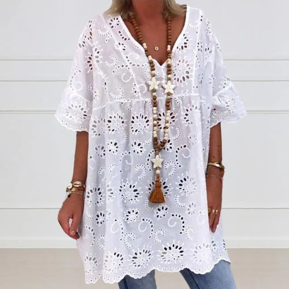 Women Mini Dress Fashion V-Neck Hollow Out Embroidery Pattern Short Sleeves White Color Ruffle Dress Summer Casual Loose Cover-u