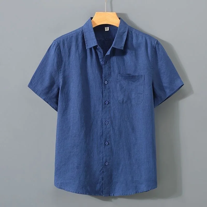 

Blue Pure Color Linen Shirt Men's Short Sleeve Casual Thin Style Linen Clothes Vintage Leisure Basic Men's Summer Shirt