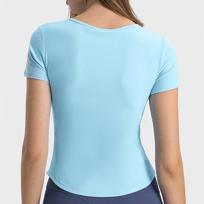 Short Sleeve Yoga T-Shirt Women Summer Ribbed Fabric Slim Fit Gym Running Top Female Breathable Workout Shirt Sportswear