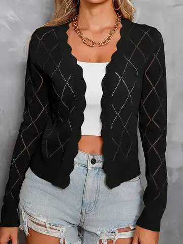 Women's Black Plus-Size Knitted Cardigan, Fashionable and Casual Cardigan with Diamond-Shaped Perforated Pattern