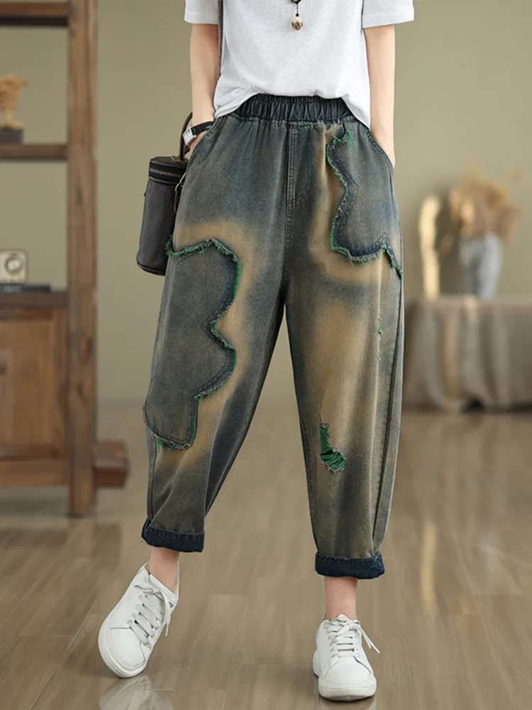 

Женские летние джинсовые брюки-шаровары в стиле ретро с пэчворком и прорезями, свободные, повседневные, утягивающие, универсальные, фасона «морковки»