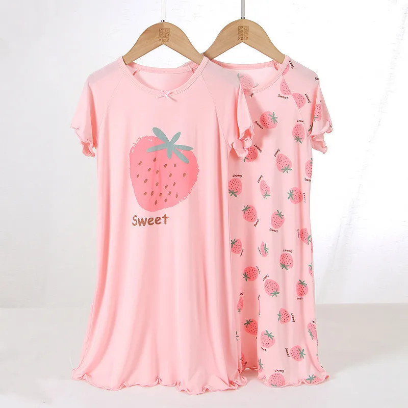 Girl Sweet Pink Strawberry Design Sleep Dressing Children Pajama Dress Size 110-170 Mom Kids Clothes Soft Quality Cotton Dress