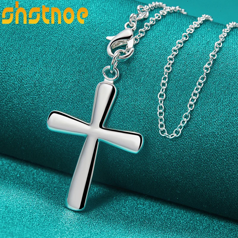 925 Sterling Silver 16-30 Inch Chain Glossy Cross Pendant Necklace For Man Women Engagement Wedding Fashion Charm Jewelry