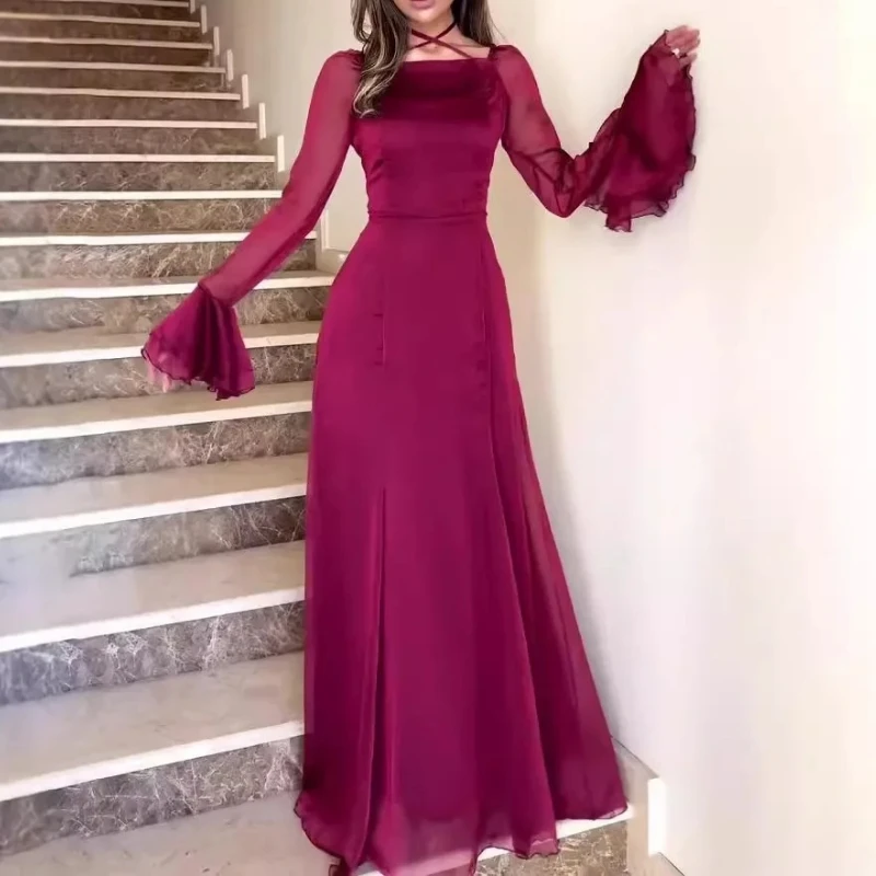 New in Womens Dresses 2025 Spring Ladies' Wind and Snow Spinning Gentle Ruffle Neck Strap Slimming Party Dresses Evening Dresses