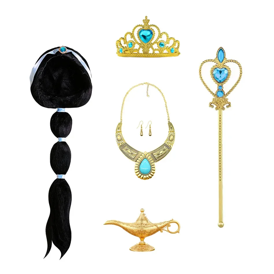 Girls Aladdin Jasmine Princess Necklace Earrings Headwear Cosplay Accessories Clips Wig Earrings without Pierced Ear Clip Women