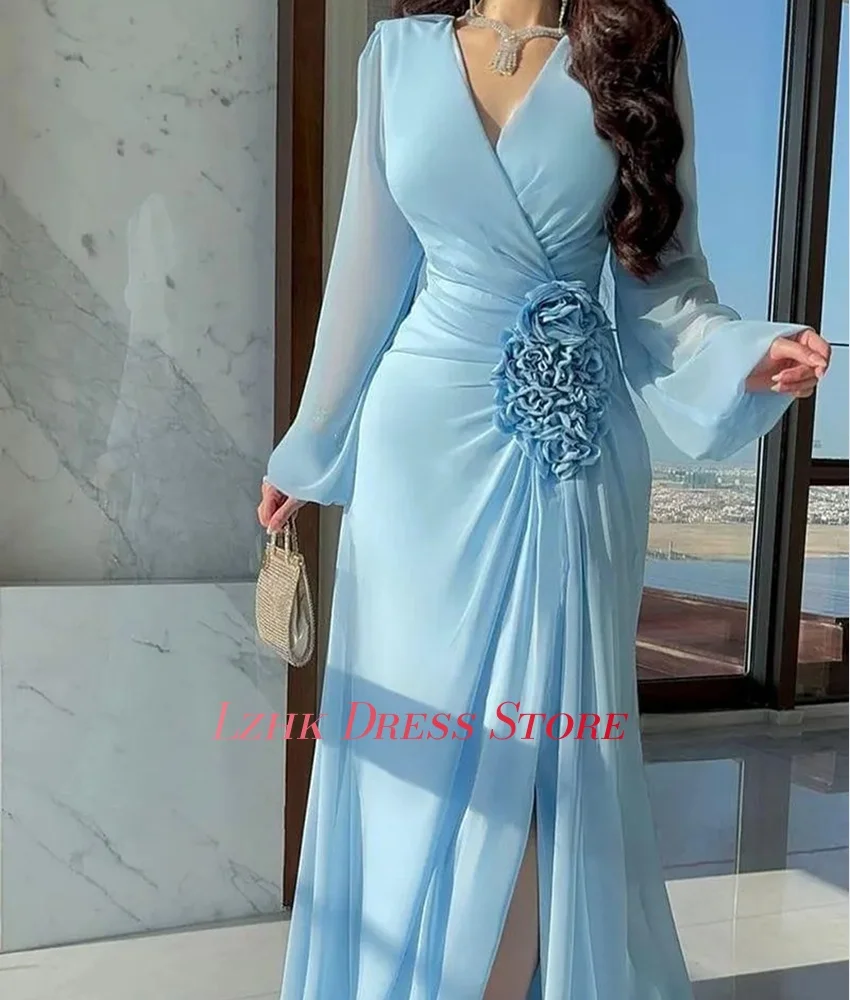 Abito da sera personalizzato con fiori 3D a sirena in chiffon di alta qualità Grazioso maniche lunghe con scollo a V Abiti da celebrità lunghi fino al pavimento