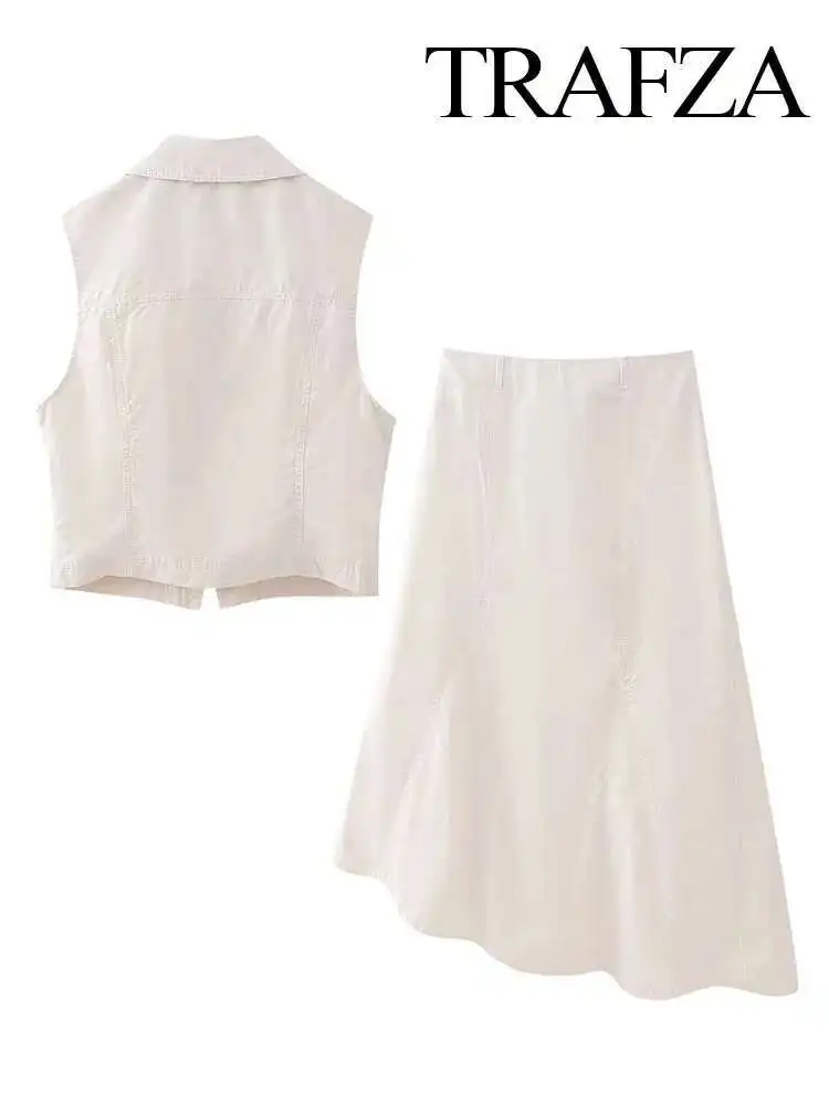 

Summer Female 2 Piece Set New Fashion Turn Down Collar Sleeveless Zipper Vest Top+Chic Asymmetric Ankle Midi Skirt