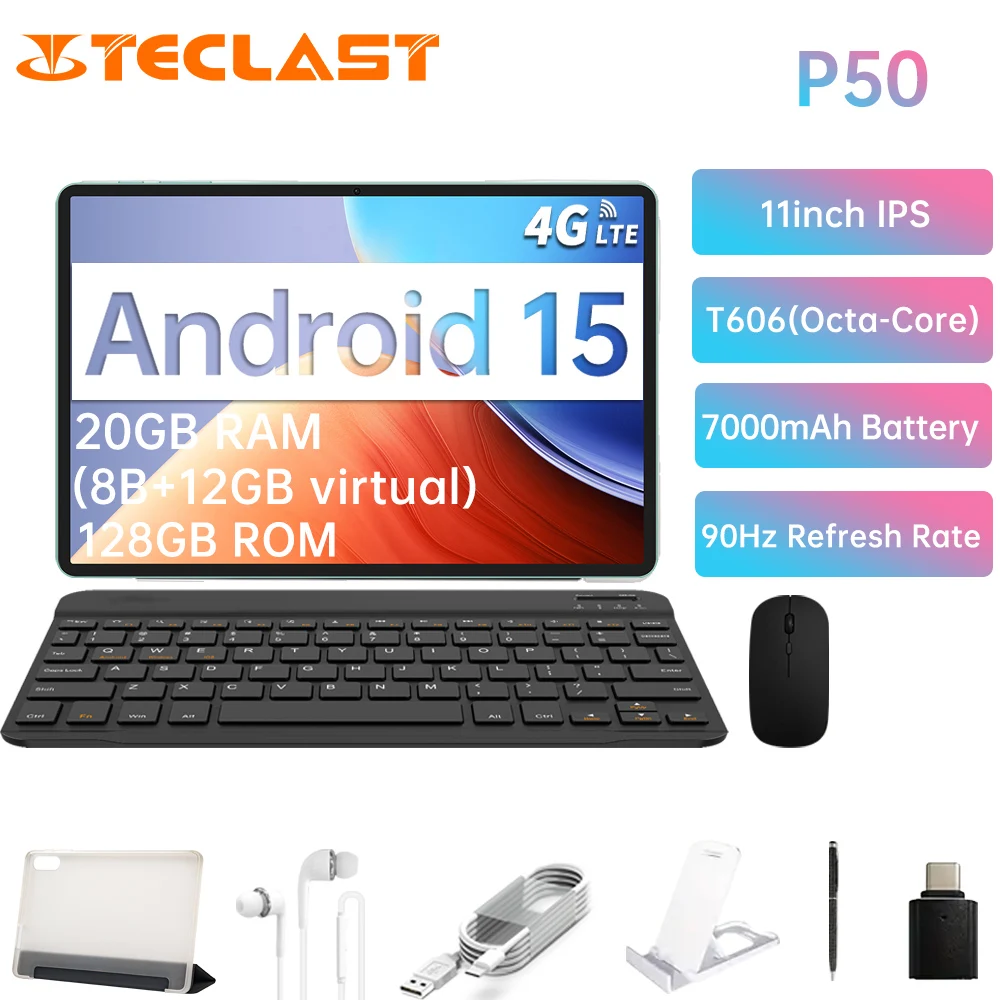 تابلت Teclast P50 T606 ثماني النواة/ 8GBRAM/128GB ROM/11 بوصة،/Android 15) مع حزمة ملحقات لوحة المفاتيح والماوس اللاسلكي