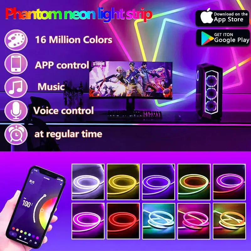 10M 24V RGBIC Neon LED Strip Lights IP65 Waterproof Outdoor/Indoor Use App & Remote Control Color Sync Flexible Rope Light Deco