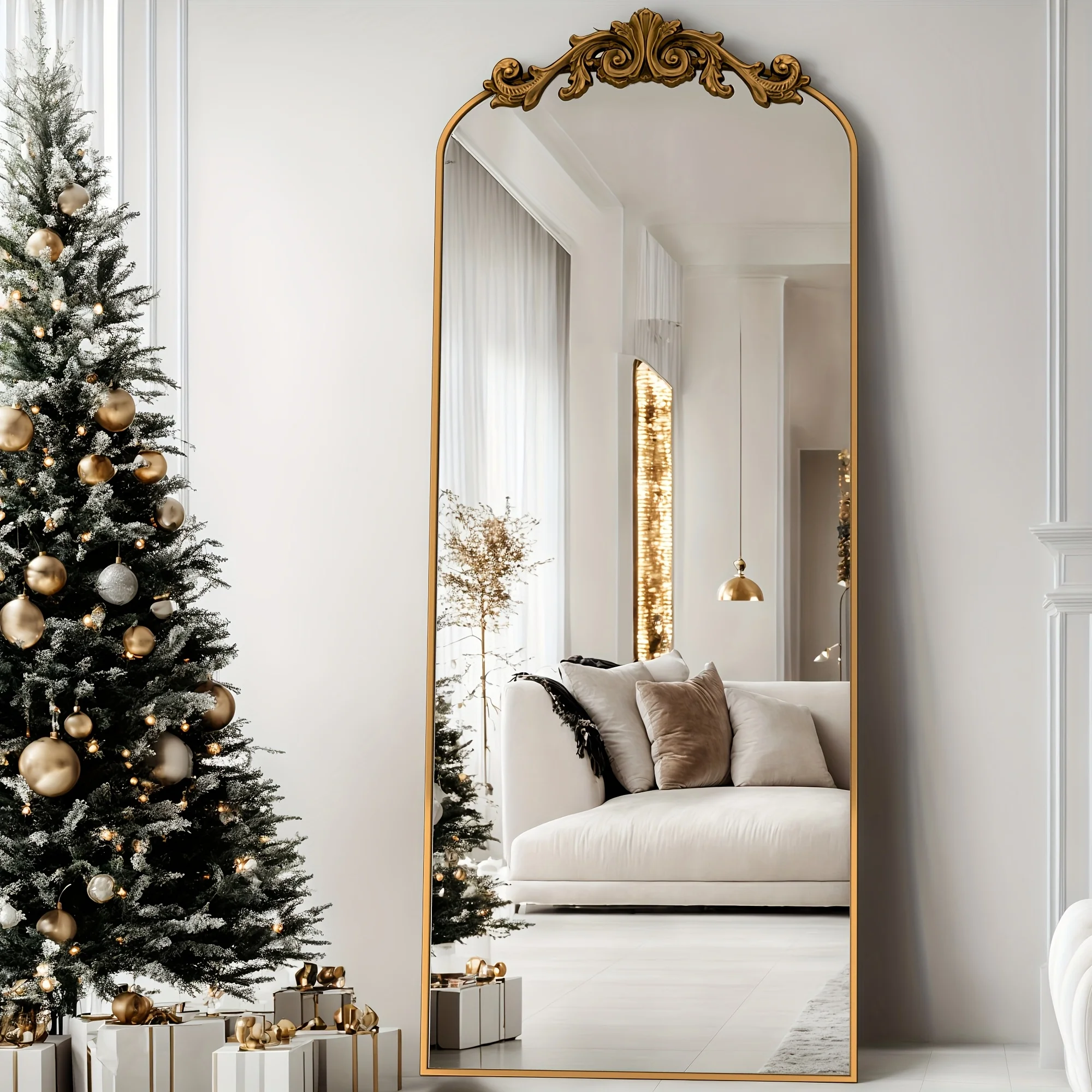 

Large Arched Full-Length Floor Mirror Suitable for - Vintage Freestanding Full Body Mirror with Carved Metal Frame, Arched Stand