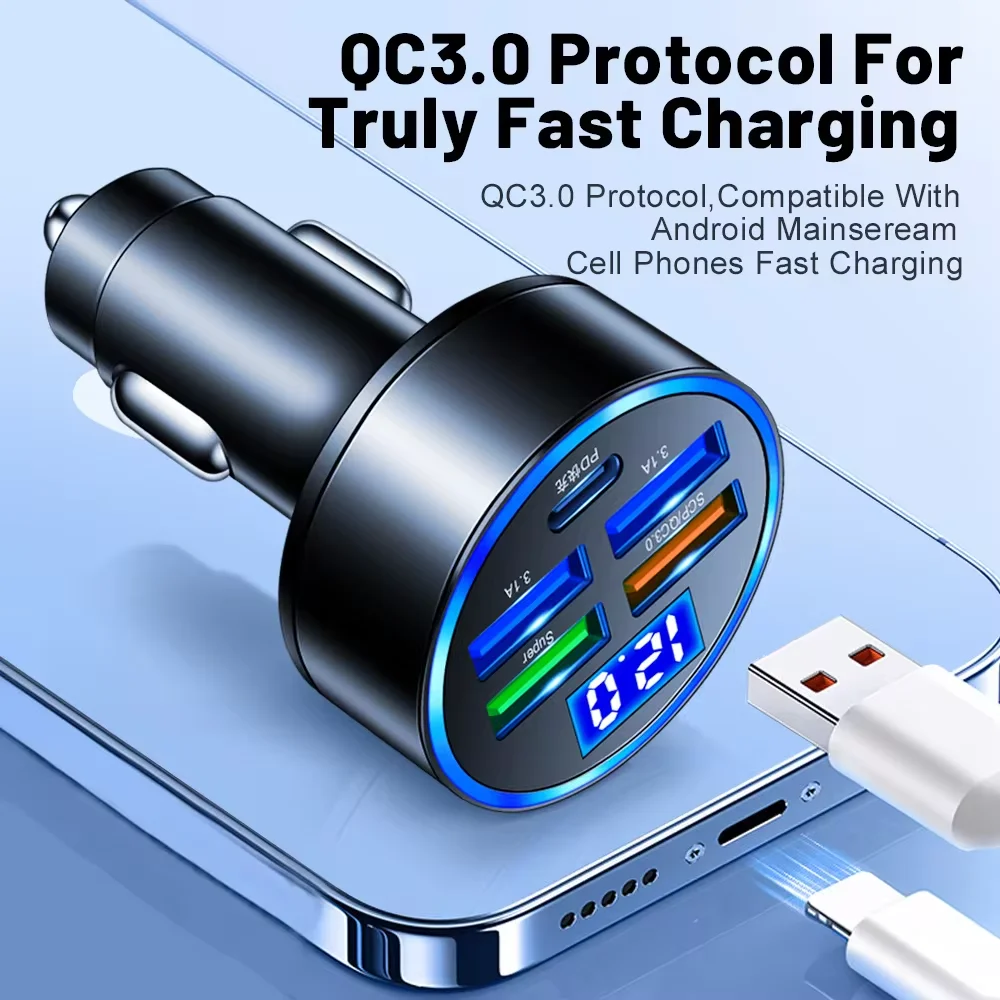 5 porte Fast Charge PD QC3.0 USB C 250W LED caricabatteria da auto caricabatteria da auto tipo C adattatore in auto per iphone Samsung Huawei Xiaomi