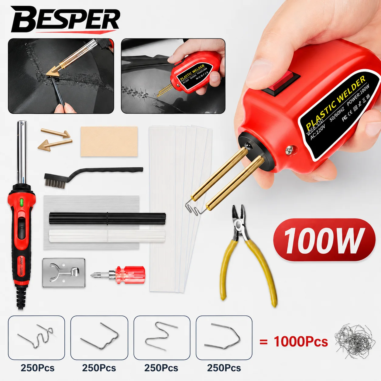 100W Plastic Welder kit, 2in1 solder iron Plastic Repair Welder Kit 1000pcs Hot Stapler Bumpers Repair Kit For Car Bumper Repair