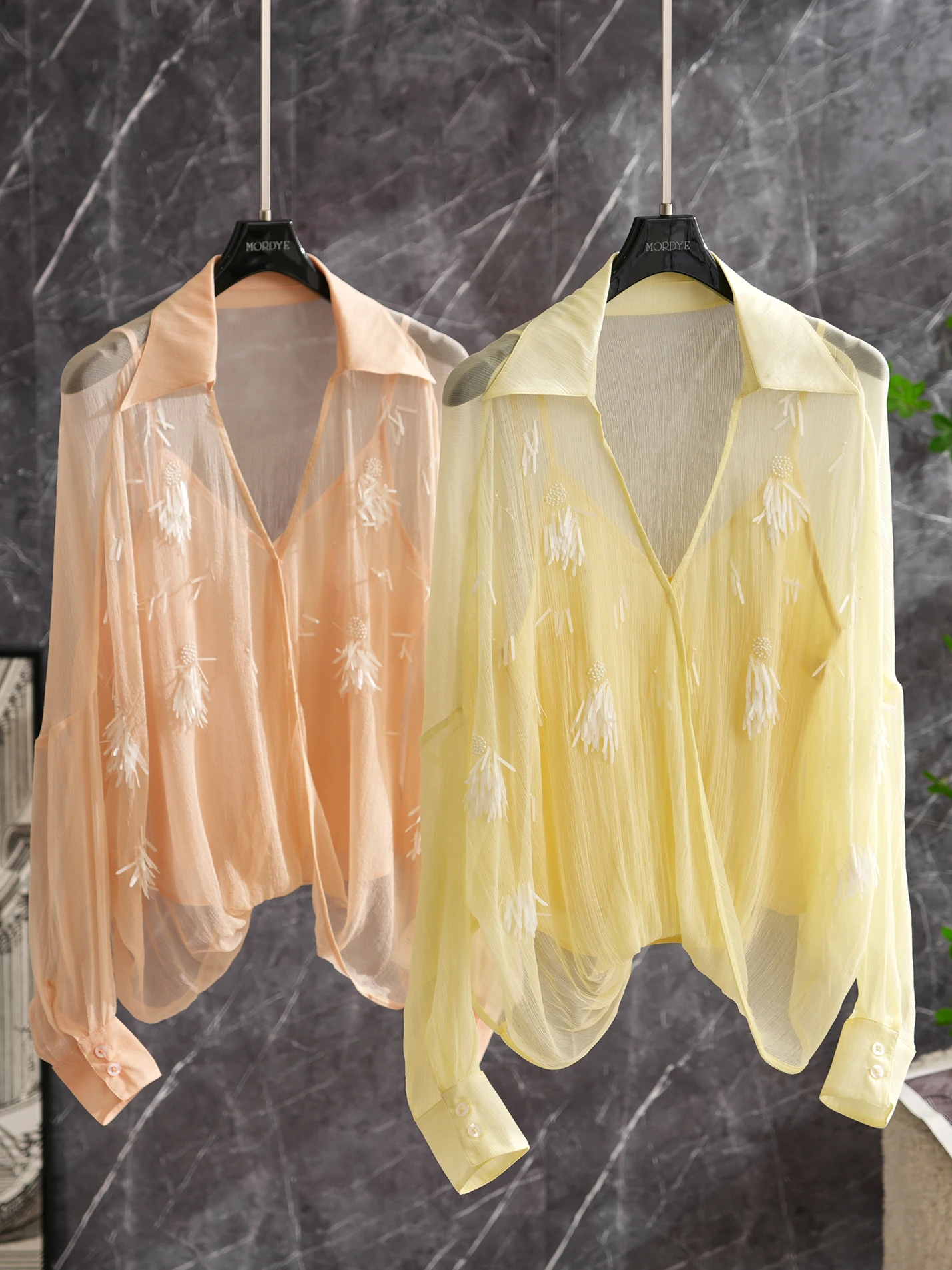 

Silk Chiffon Blouse with Beads Summer Women's Fashion Loose Fit Lantern Sleeve Long Sleeve Button up Neckline as Shirt Or Cov...