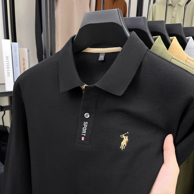 100 القطن قميص بولو الربيع والخريف طويلة الأكمام تي شيرت رجالي مطرزة الأعمال الجديدة والترفيه بلون فضفاض تي شيرت