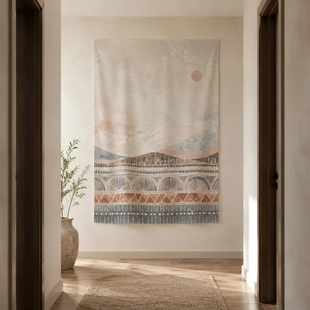 VIKAMA Ceramic Carved Pattern Layered Bands Tapestry Wall Hanging, Wabi Sabi Wall Decor Tapestries for Study Living Room Bedroom