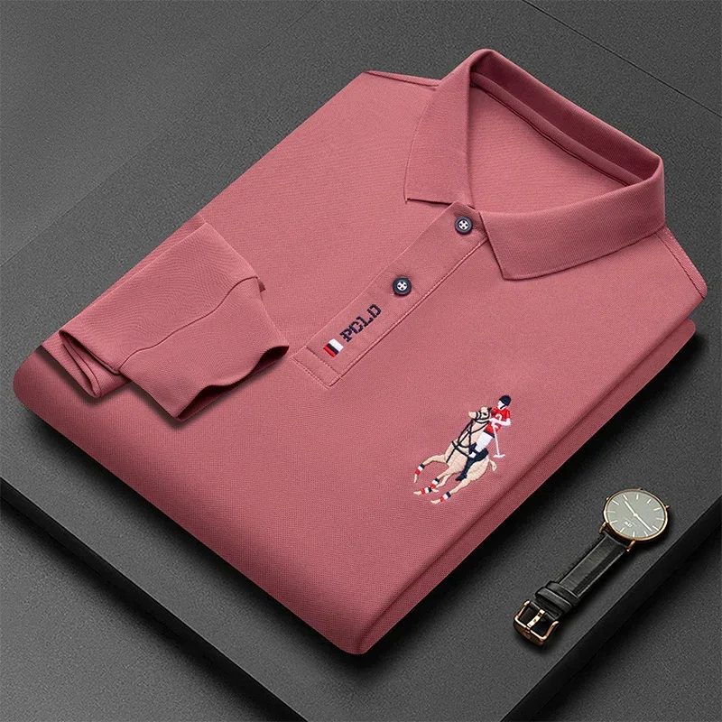 New Fashion Embroidery Men\'s Long Sleeve POLO Shirt Solid Color Lapel Business Casual Men\'s Long Sleeve POLO Shirt