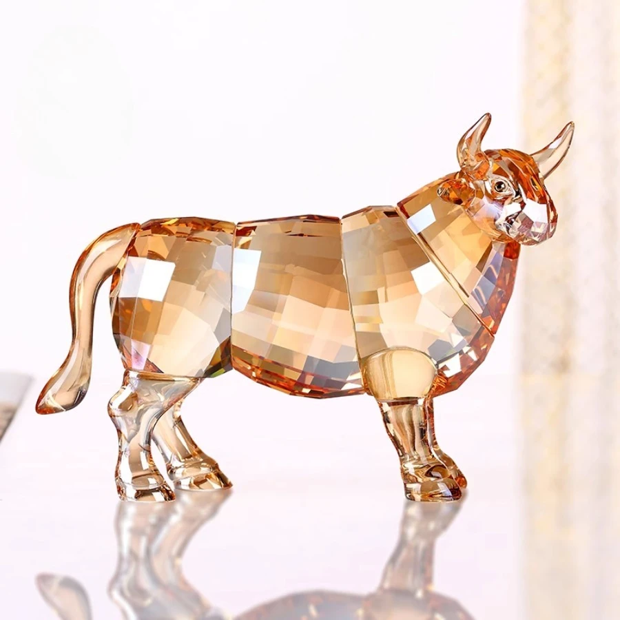 Handmade K9 Crystal Transparent Bull Statue High Grade Decorative Art Gift Good Luck Cow Sculpture Ornament Room Decor