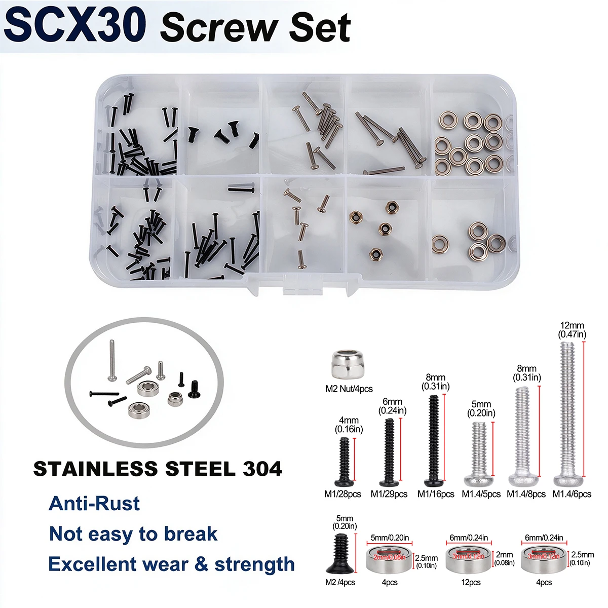 120PCS Stainless Steel Screw Set with Storage Box for 1/30 Axial SCX30 RC Crawler – Repair Tools Accessories