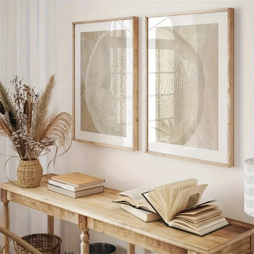 Multiple sizes 2pcs frameless Canvas PaintingIndia,2pcs Abstract Tree Ring Beige Art Decor Poster Vintage Tree Stump Unframed Ca