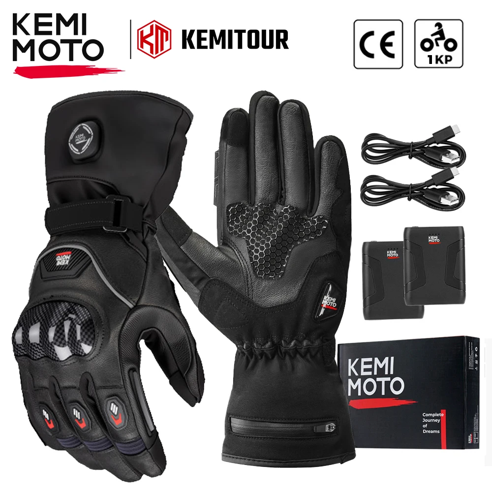 KEMITOUR gants de Moto chauffants en cuir CE 2KP hiver écran tactile étanche Ski Camping Moto gants chauffants batterie Moto
