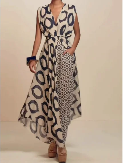 

Printed sleeveless V-neck lace up top+slim fit pants set, fashionable and elegant, new women's clothing for summer 2025