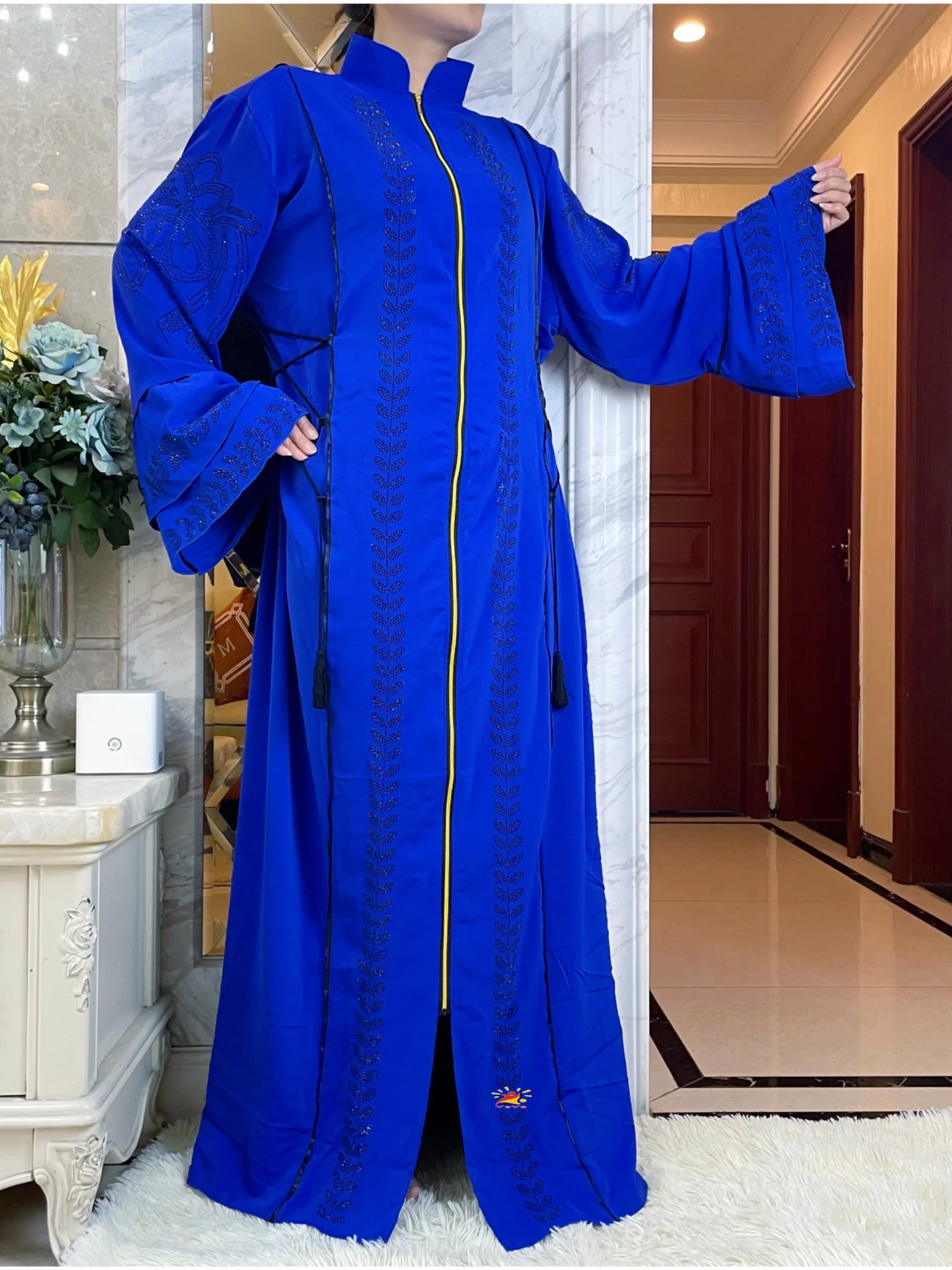 2023New African Spring Design Bazin Chiffon Long Stick Diamonds Sleeve Dashiki Dress Lady Muslim Middle East Abaya Women Clothe