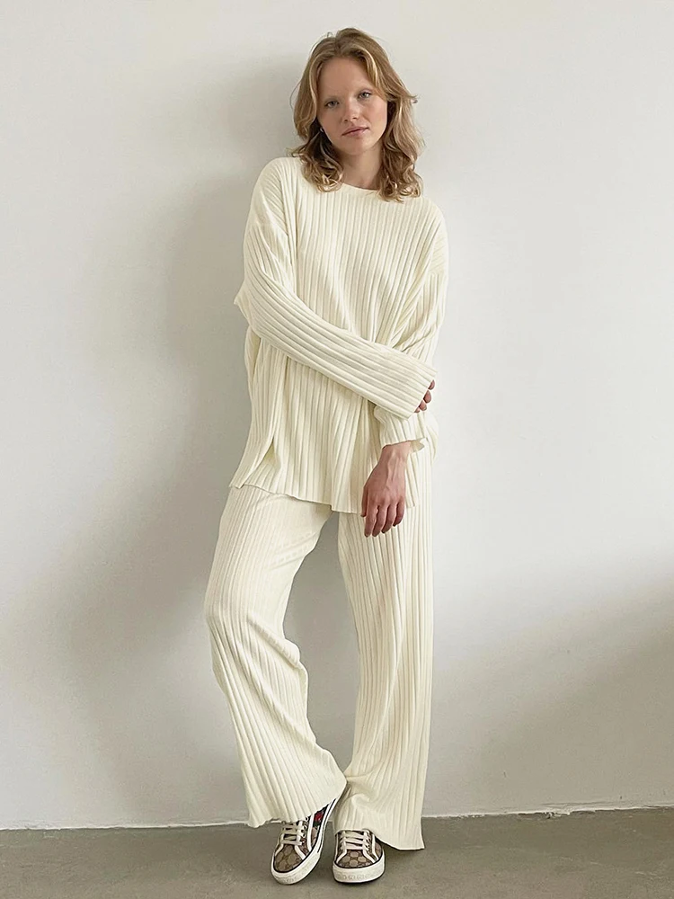 Hiloc Apricot Knitted Pajamas For Women 2 Piece Sets Ribbed Long Sleeve O Neck Sleepwear Female Loose Trouser Suits Winter 2024