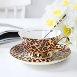 Luxury Leopard Print Bone China Coffee Cup Set Europe Porcelain Afternoon Tea Cup Saucer Spoon Ceramic Mug Cafe Party Drinkware