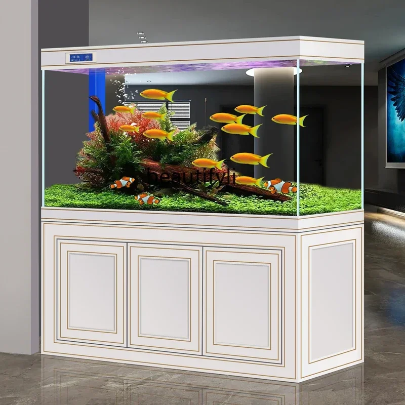 Chinese light luxury fish tank aquarium new square bottom filter ultra-white glass living room largeHY