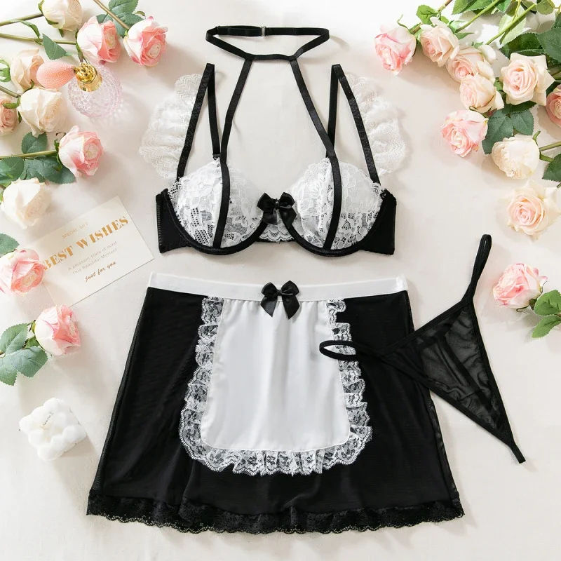 

Bikini Sexy Lingerie Bowknot Halter Lace Bra Set Role Play Maid Costume