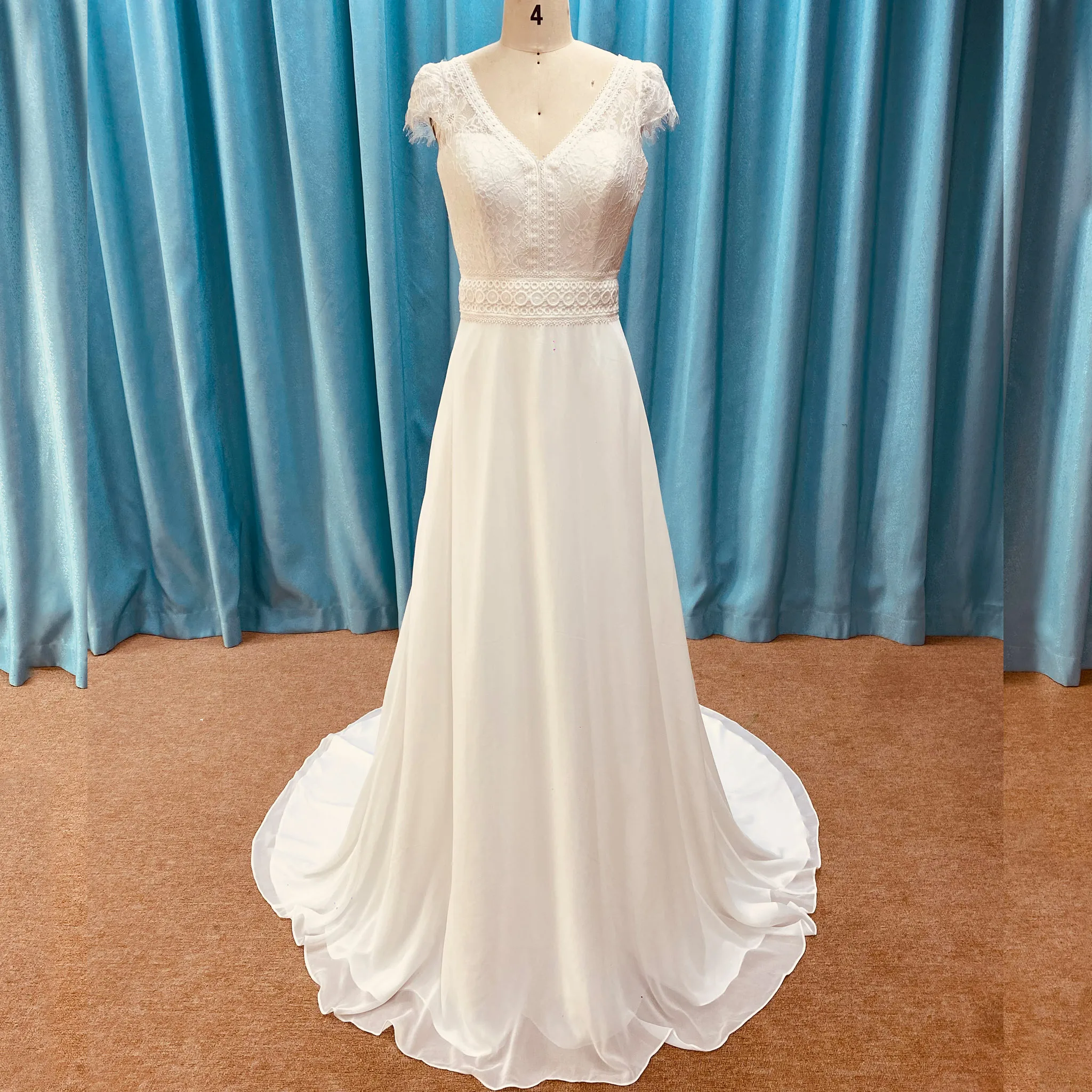 Gaun Pengantin Rosymae Elegan Model V-Neck Bahan Chiffon dengan Lengan Pendek untuk Calon Pengantin