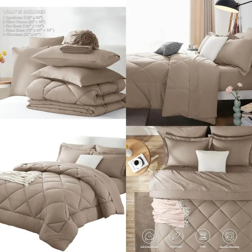 

7-Piece Khaki King Comforter Set: All-Season Luxury Bedding with Down-Alternative Comforter, Sheets, Pillowcases & Shams