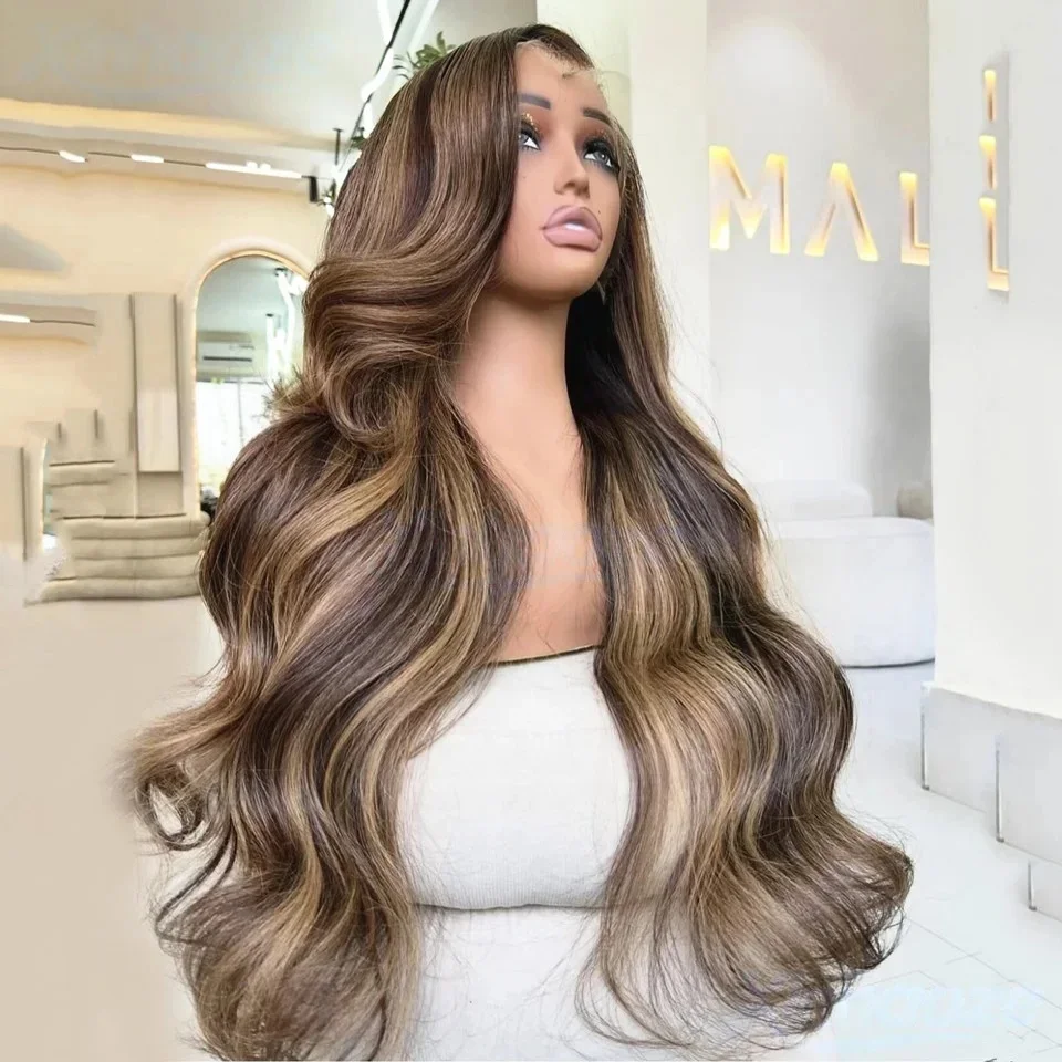 Super Long body wave Wig highlight Brown Colored Wig Glueless 13x4 Lace Front Wig Synthetic Fibre Womens Gift Wig for Party Use