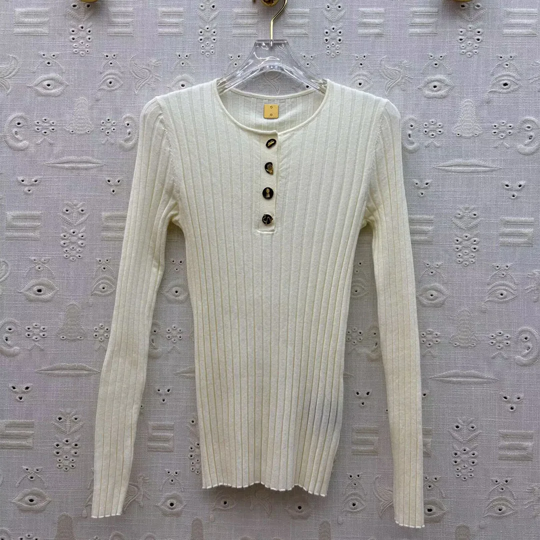 

New Autumn Basic All-matched Knitted Pullover Women O-neck Novelty Buttons Long Sleeve Solid Stripes Slim Casual Cute Sweater