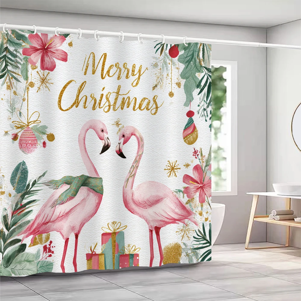 

Pink flamingo Christmas Shower Curtain with Hooks Christmas Shower Curtain home for print Christmas decoration Curtain